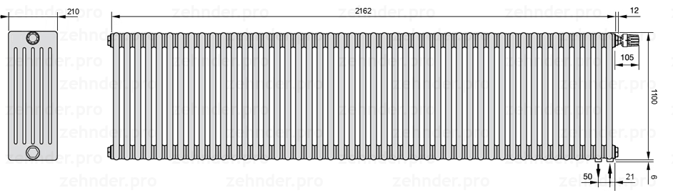 Схема (чертеж) Радиатор Zehnder Charleston 6110/47 №V002 Белый глянцевый RAL 9016